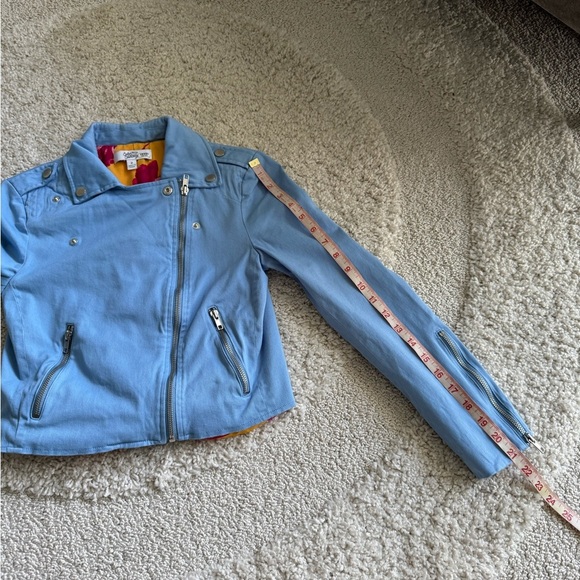Color Me Courtney Dennis Blue Canvas Crop Biker Moto Jacket Size 2 - Picture 12 of 13